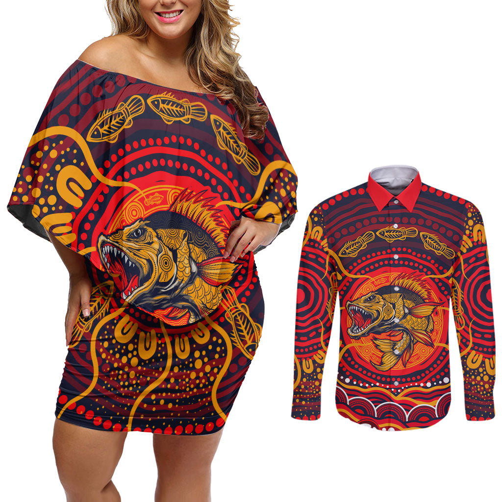Personalized Barramundi Fish Couples Matching Off Shoulder Short Dress and Long Sleeve Button Shirt Australian Tropical Fish Indigenous Aboriginal Dot Art