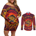 Personalized Barramundi Fish Couples Matching Off Shoulder Short Dress and Long Sleeve Button Shirt Australian Tropical Fish Indigenous Aboriginal Dot Art