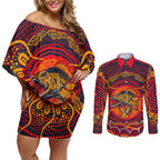 Personalized Barramundi Fish Couples Matching Off Shoulder Short Dress and Long Sleeve Button Shirt Australian Tropical Fish Indigenous Aboriginal Dot Art