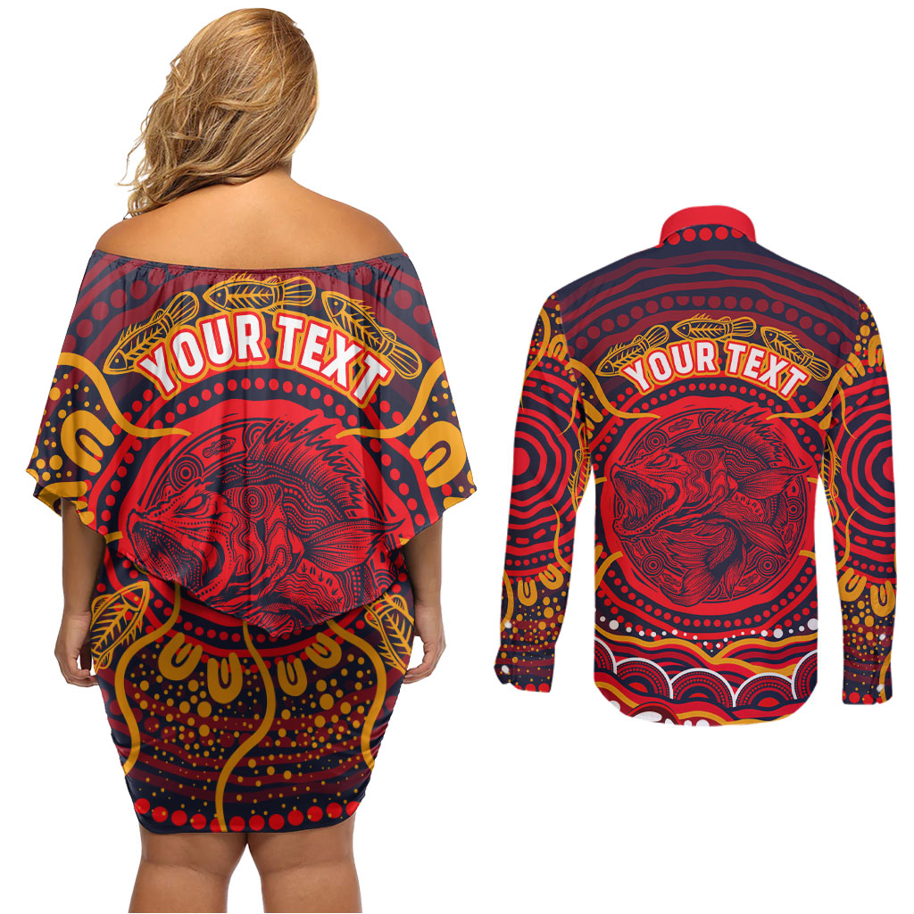 Personalized Barramundi Fish Couples Matching Off Shoulder Short Dress and Long Sleeve Button Shirt Australian Tropical Fish Indigenous Aboriginal Dot Art