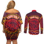 Personalized Barramundi Fish Couples Matching Off Shoulder Short Dress and Long Sleeve Button Shirt Australian Tropical Fish Indigenous Aboriginal Dot Art