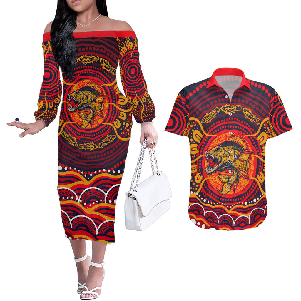 Personalized Barramundi Fish Couples Matching Off The Shoulder Long Sleeve Dress and Hawaiian Shirt Australian Tropical Fish Indigenous Aboriginal Dot Art