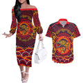Personalized Barramundi Fish Couples Matching Off The Shoulder Long Sleeve Dress and Hawaiian Shirt Australian Tropical Fish Indigenous Aboriginal Dot Art