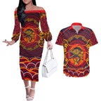 Personalized Barramundi Fish Couples Matching Off The Shoulder Long Sleeve Dress and Hawaiian Shirt Australian Tropical Fish Indigenous Aboriginal Dot Art