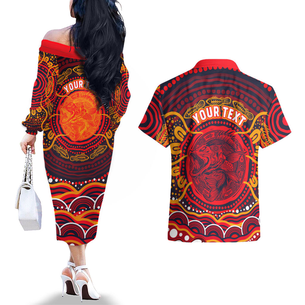 Personalized Barramundi Fish Couples Matching Off The Shoulder Long Sleeve Dress and Hawaiian Shirt Australian Tropical Fish Indigenous Aboriginal Dot Art