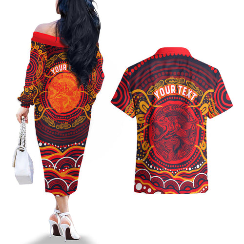 Personalized Barramundi Fish Couples Matching Off The Shoulder Long Sleeve Dress and Hawaiian Shirt Australian Tropical Fish Indigenous Aboriginal Dot Art