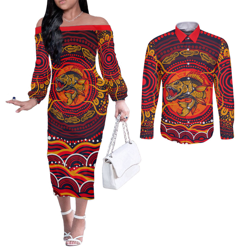 Personalized Barramundi Fish Couples Matching Off The Shoulder Long Sleeve Dress and Long Sleeve Button Shirt Australian Tropical Fish Indigenous Aboriginal Dot Art