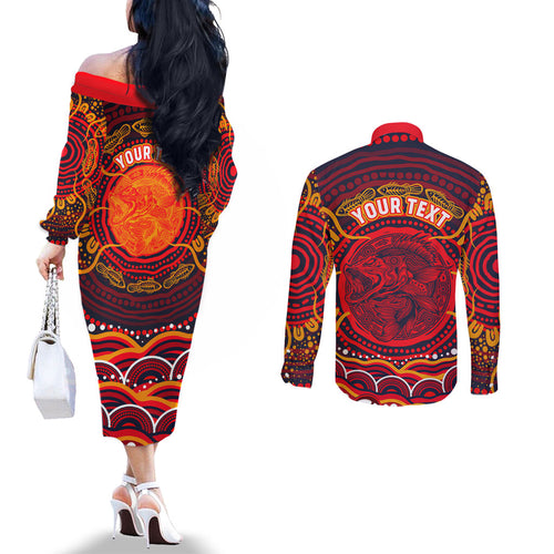 Personalized Barramundi Fish Couples Matching Off The Shoulder Long Sleeve Dress and Long Sleeve Button Shirt Australian Tropical Fish Indigenous Aboriginal Dot Art