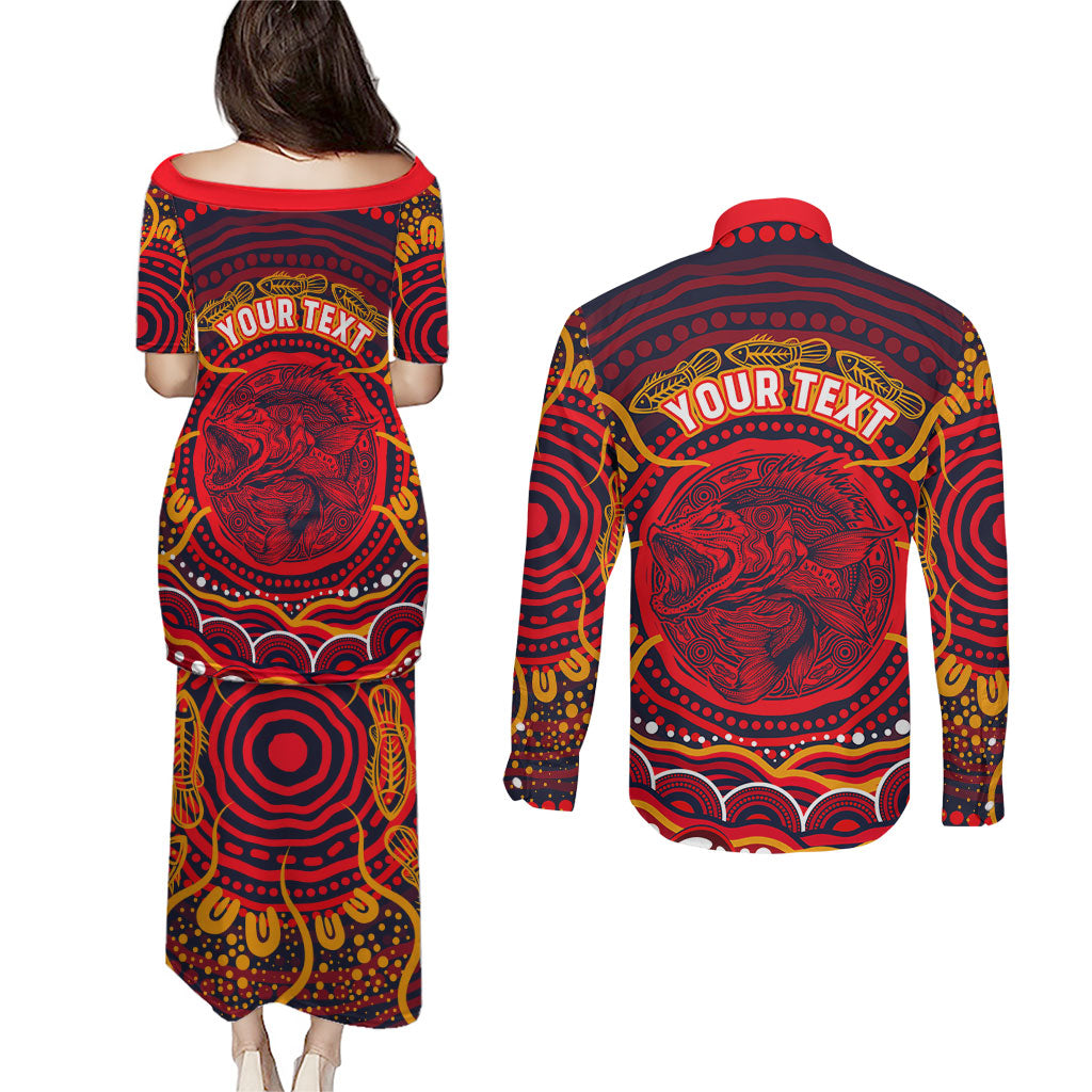 Personalized Barramundi Fish Couples Matching Puletasi and Long Sleeve Button Shirt Australian Tropical Fish Indigenous Aboriginal Dot Art
