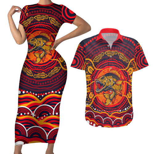 Personalized Barramundi Fish Couples Matching Short Sleeve Bodycon Dress and Hawaiian Shirt Australian Tropical Fish Indigenous Aboriginal Dot Art