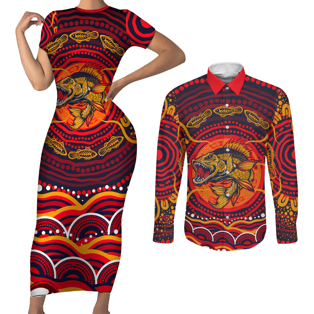 Personalized Barramundi Fish Couples Matching Short Sleeve Bodycon Dress and Long Sleeve Button Shirt Australian Tropical Fish Indigenous Aboriginal Dot Art