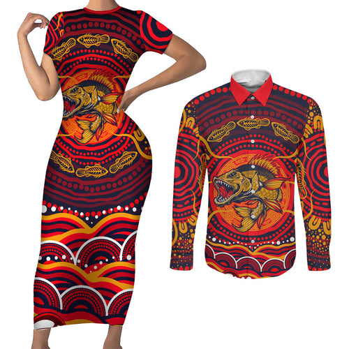 Personalized Barramundi Fish Couples Matching Short Sleeve Bodycon Dress and Long Sleeve Button Shirt Australian Tropical Fish Indigenous Aboriginal Dot Art