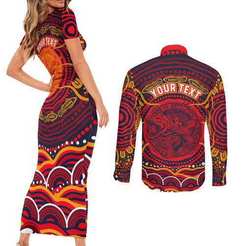 Personalized Barramundi Fish Couples Matching Short Sleeve Bodycon Dress and Long Sleeve Button Shirt Australian Tropical Fish Indigenous Aboriginal Dot Art