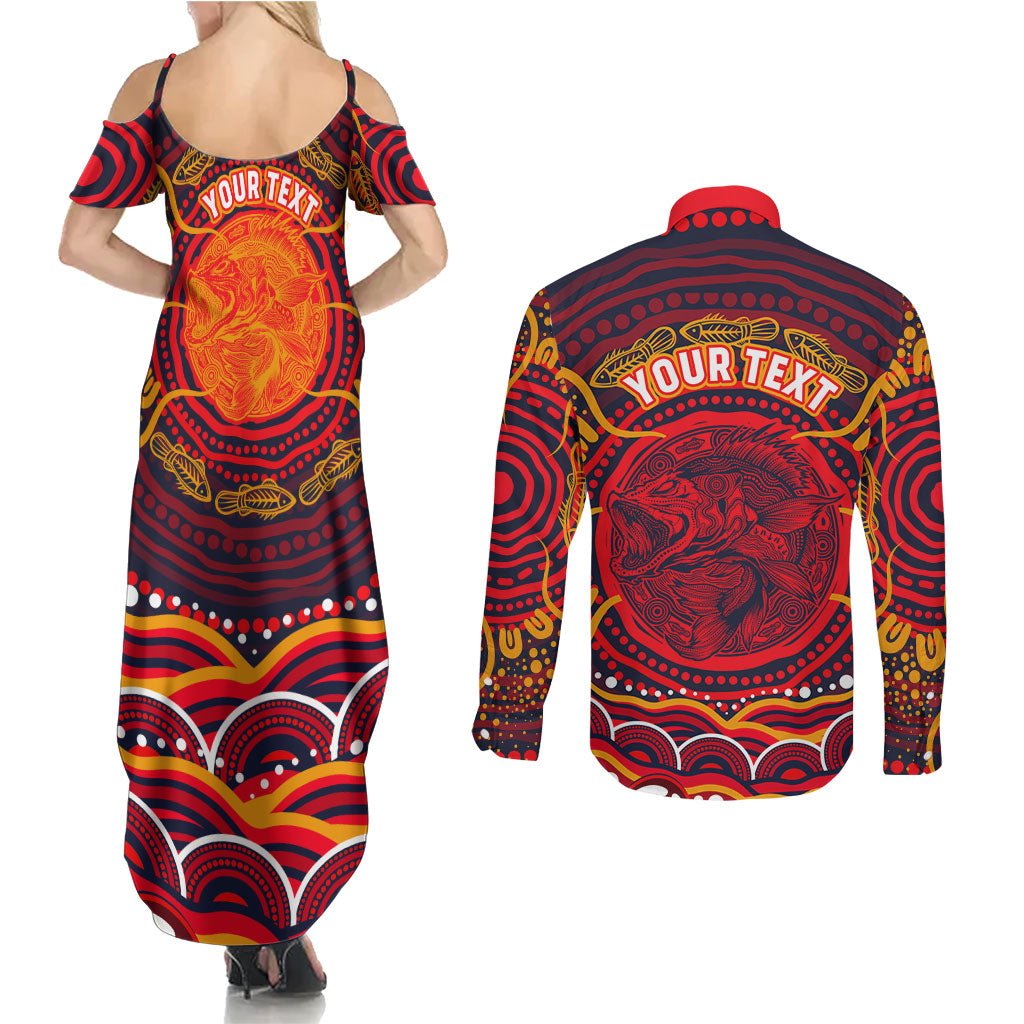 Personalized Barramundi Fish Couples Matching Summer Maxi Dress and Long Sleeve Button Shirt Australian Tropical Fish Indigenous Aboriginal Dot Art