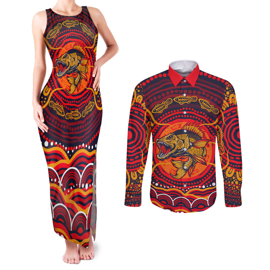 Personalized Barramundi Fish Couples Matching Tank Maxi Dress and Long Sleeve Button Shirt Australian Tropical Fish Indigenous Aboriginal Dot Art