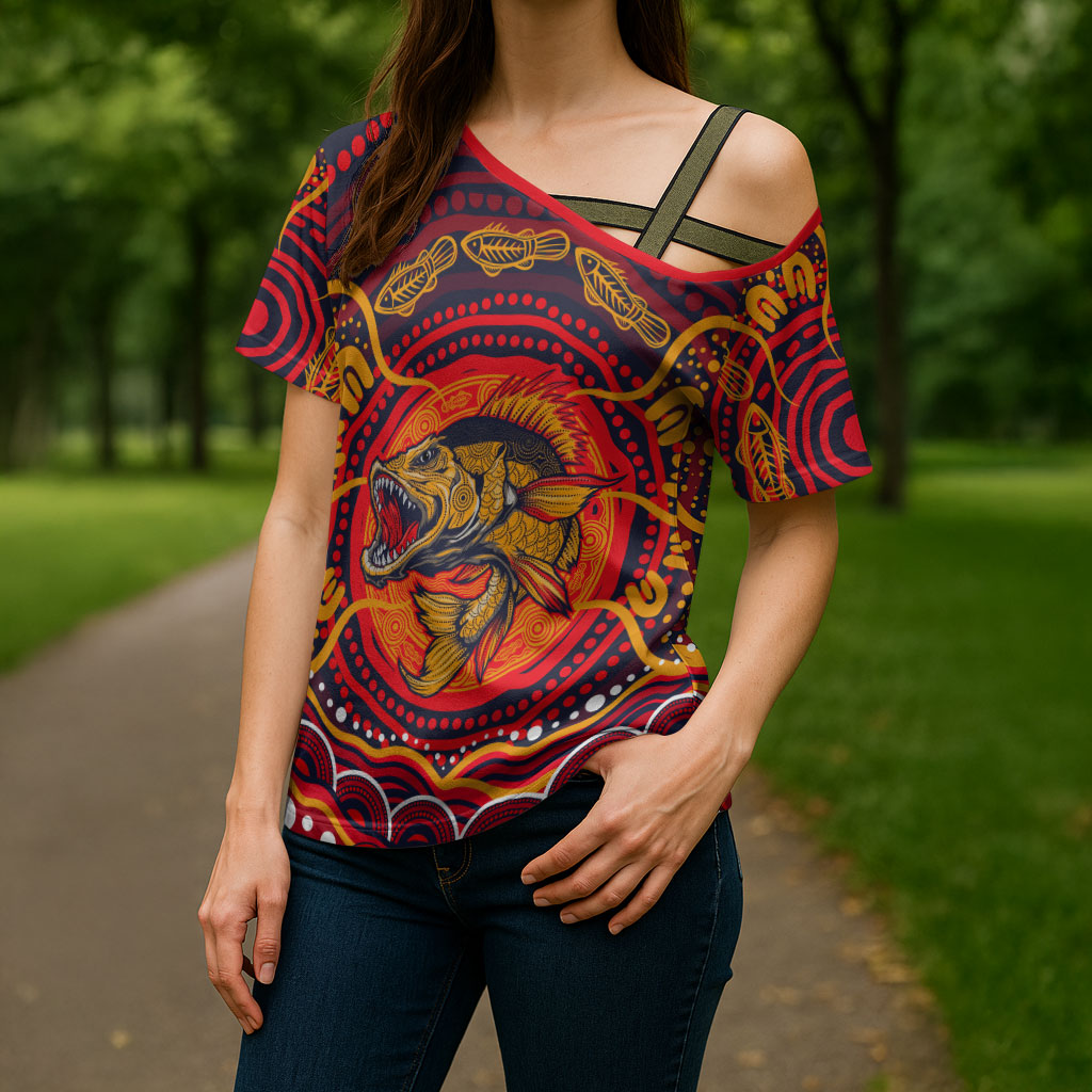Personalized Barramundi Fish Cross Shoulder Shirt Australian Tropical Fish Indigenous Aboriginal Dot Art