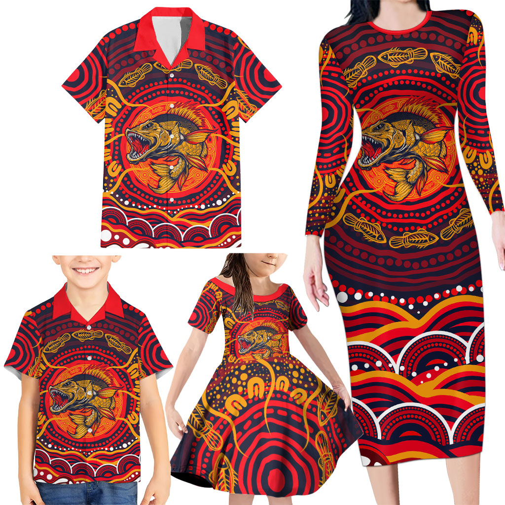 Personalized Barramundi Fish Family Matching Long Sleeve Bodycon Dress and Hawaiian Shirt Australian Tropical Fish Indigenous Aboriginal Dot Art