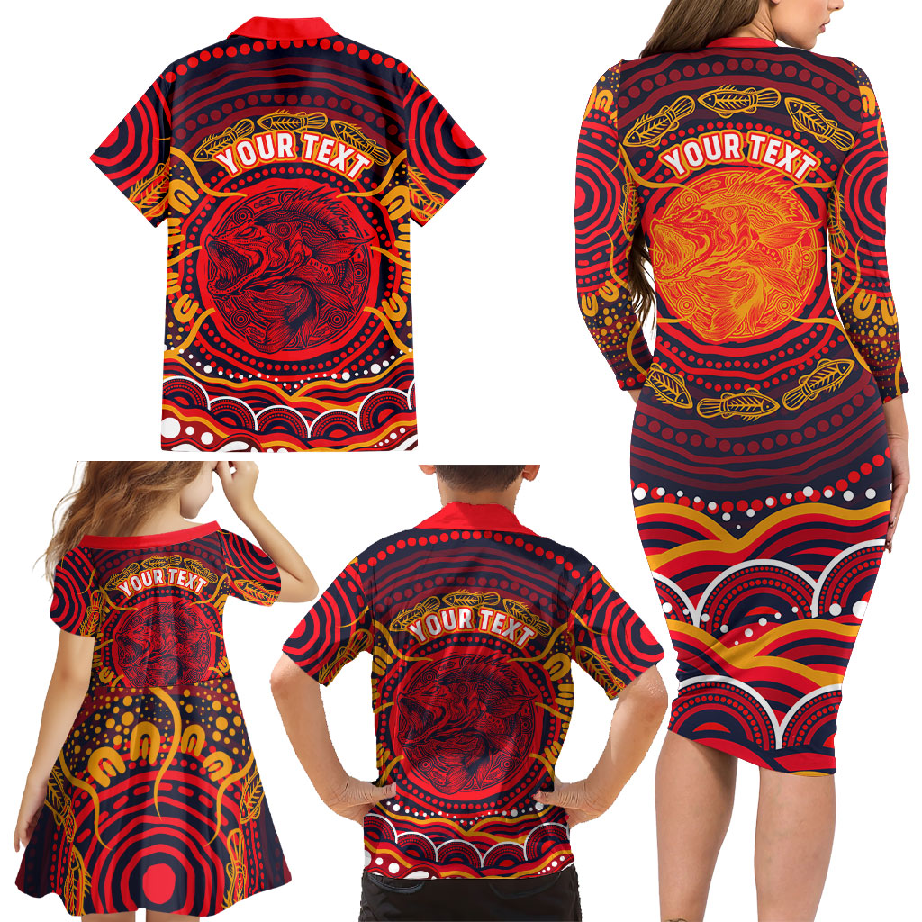 Personalized Barramundi Fish Family Matching Long Sleeve Bodycon Dress and Hawaiian Shirt Australian Tropical Fish Indigenous Aboriginal Dot Art