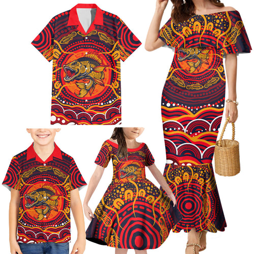 Personalized Barramundi Fish Family Matching Mermaid Dress and Hawaiian Shirt Australian Tropical Fish Indigenous Aboriginal Dot Art