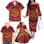 Personalized Barramundi Fish Family Matching Off The Shoulder Long Sleeve Dress and Hawaiian Shirt Australian Tropical Fish Indigenous Aboriginal Dot Art