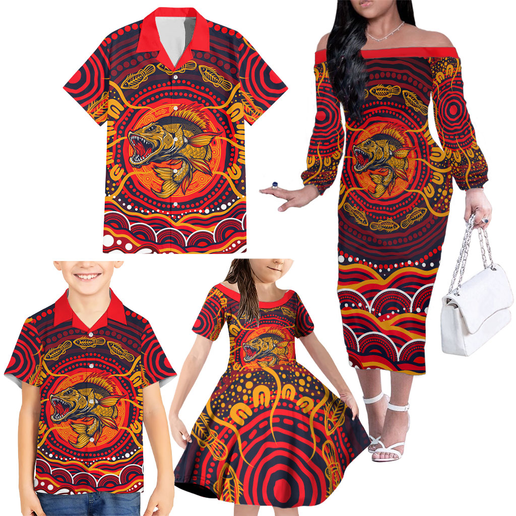 Personalized Barramundi Fish Family Matching Off The Shoulder Long Sleeve Dress and Hawaiian Shirt Australian Tropical Fish Indigenous Aboriginal Dot Art