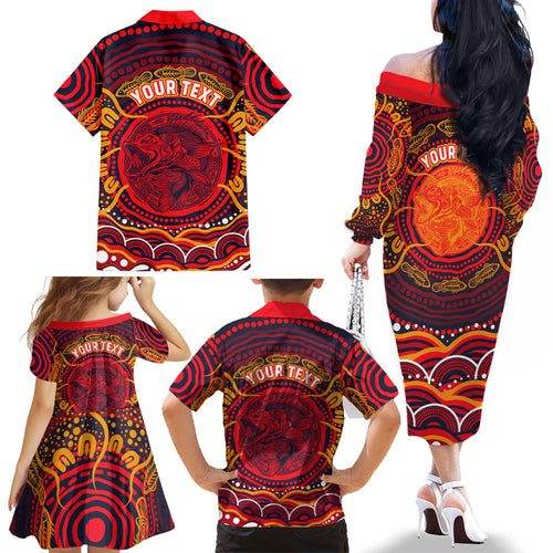 Personalized Barramundi Fish Family Matching Off The Shoulder Long Sleeve Dress and Hawaiian Shirt Australian Tropical Fish Indigenous Aboriginal Dot Art
