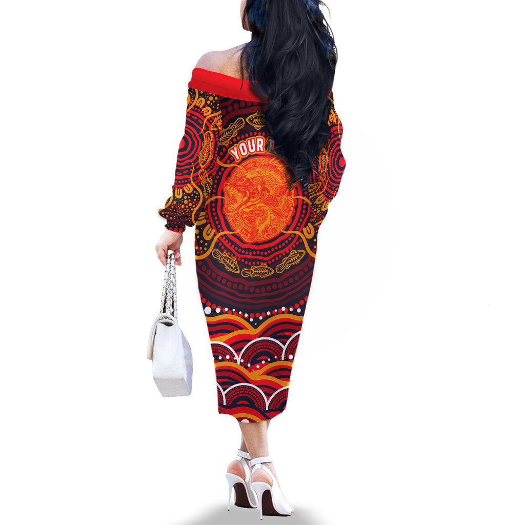 Personalized Barramundi Fish Family Matching Off The Shoulder Long Sleeve Dress and Hawaiian Shirt Australian Tropical Fish Indigenous Aboriginal Dot Art