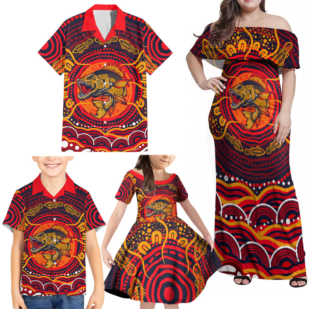 Personalized Barramundi Fish Family Matching Off Shoulder Maxi Dress and Hawaiian Shirt Australian Tropical Fish Indigenous Aboriginal Dot Art