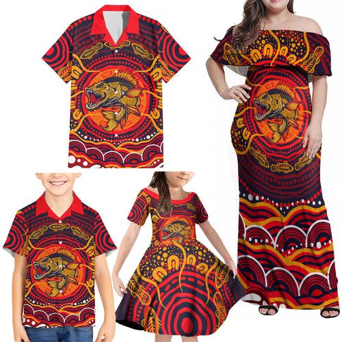 Personalized Barramundi Fish Family Matching Off Shoulder Maxi Dress and Hawaiian Shirt Australian Tropical Fish Indigenous Aboriginal Dot Art