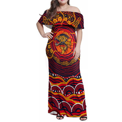 Personalized Barramundi Fish Family Matching Off Shoulder Maxi Dress and Hawaiian Shirt Australian Tropical Fish Indigenous Aboriginal Dot Art