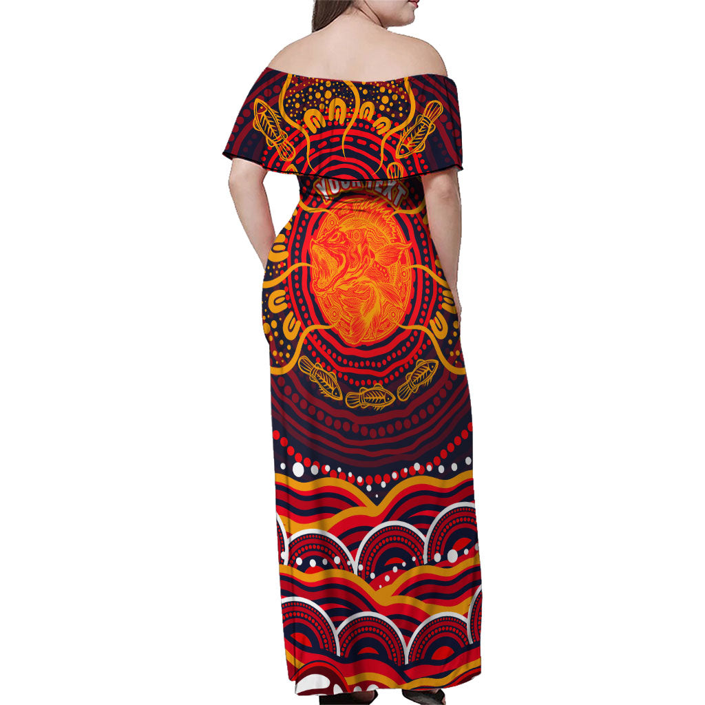 Personalized Barramundi Fish Family Matching Off Shoulder Maxi Dress and Hawaiian Shirt Australian Tropical Fish Indigenous Aboriginal Dot Art
