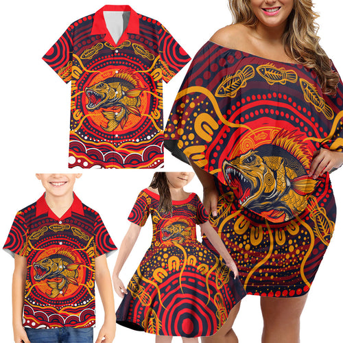 Personalized Barramundi Fish Family Matching Off Shoulder Short Dress and Hawaiian Shirt Australian Tropical Fish Indigenous Aboriginal Dot Art