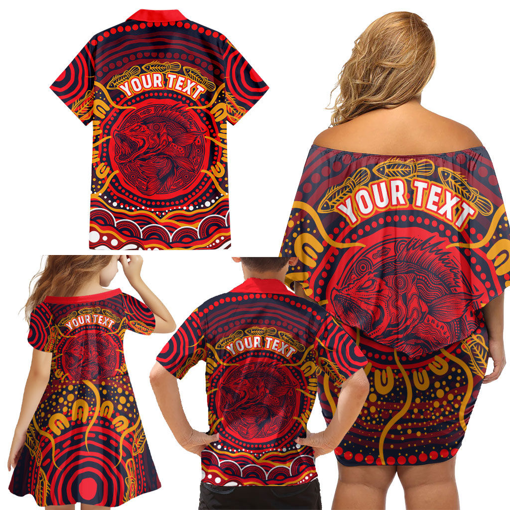 Personalized Barramundi Fish Family Matching Off Shoulder Short Dress and Hawaiian Shirt Australian Tropical Fish Indigenous Aboriginal Dot Art