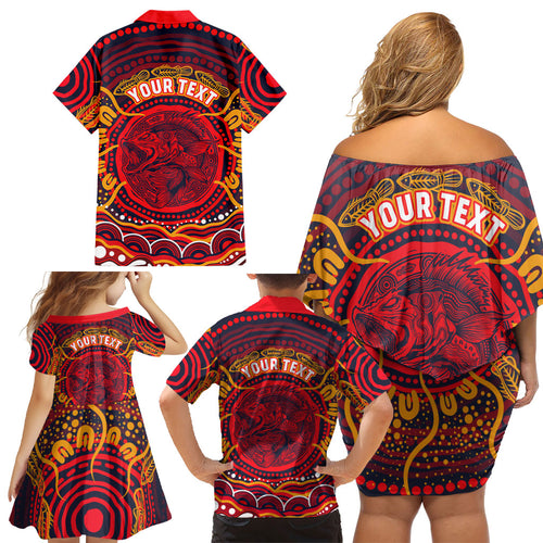 Personalized Barramundi Fish Family Matching Off Shoulder Short Dress and Hawaiian Shirt Australian Tropical Fish Indigenous Aboriginal Dot Art