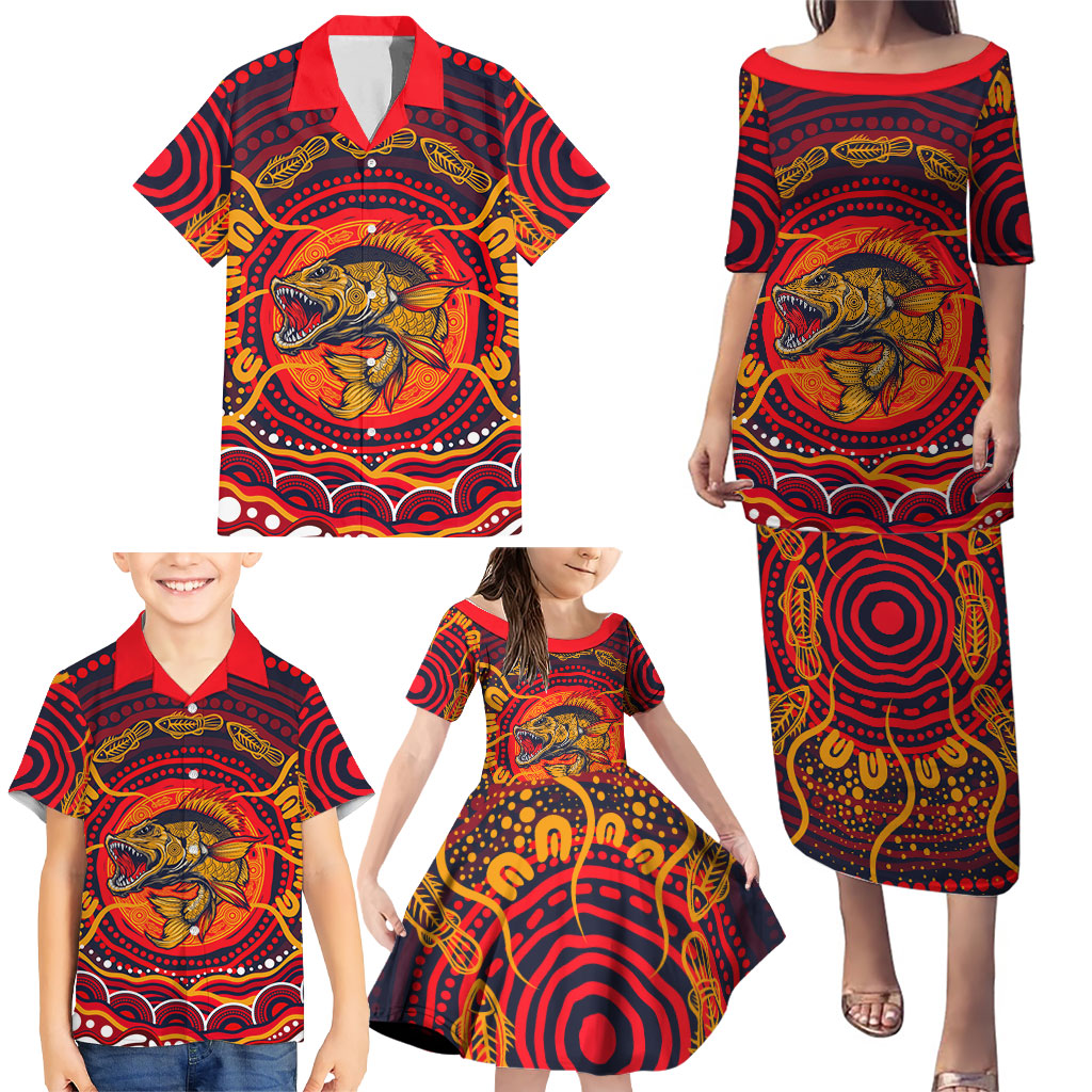 Personalized Barramundi Fish Family Matching Puletasi and Hawaiian Shirt Australian Tropical Fish Indigenous Aboriginal Dot Art