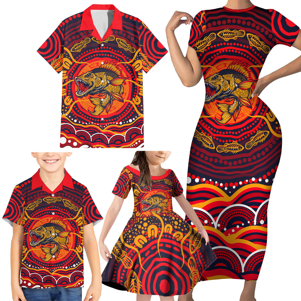 Personalized Barramundi Fish Family Matching Short Sleeve Bodycon Dress and Hawaiian Shirt Australian Tropical Fish Indigenous Aboriginal Dot Art