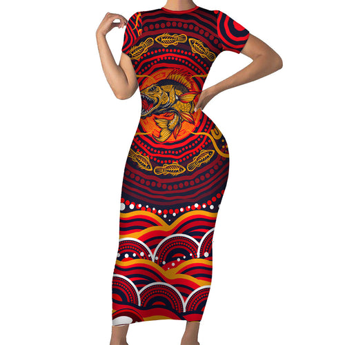 Personalized Barramundi Fish Family Matching Short Sleeve Bodycon Dress and Hawaiian Shirt Australian Tropical Fish Indigenous Aboriginal Dot Art