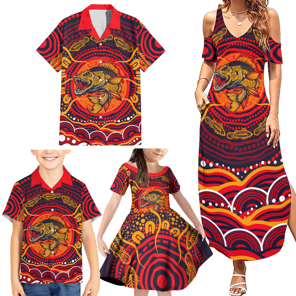 Personalized Barramundi Fish Family Matching Summer Maxi Dress and Hawaiian Shirt Australian Tropical Fish Indigenous Aboriginal Dot Art