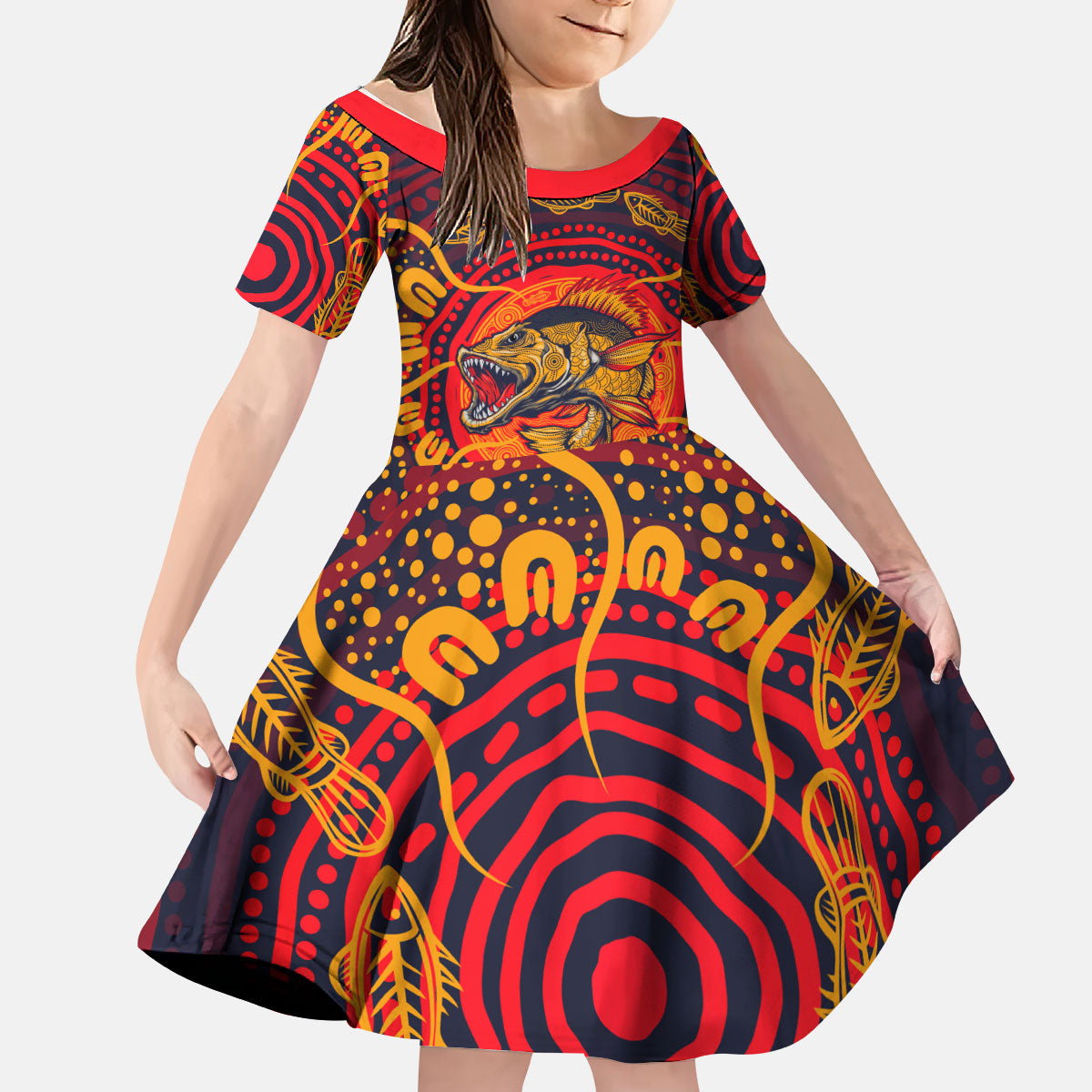 Personalized Barramundi Fish Kid Short Sleeve Dress Australian Tropical Fish Indigenous Aboriginal Dot Art