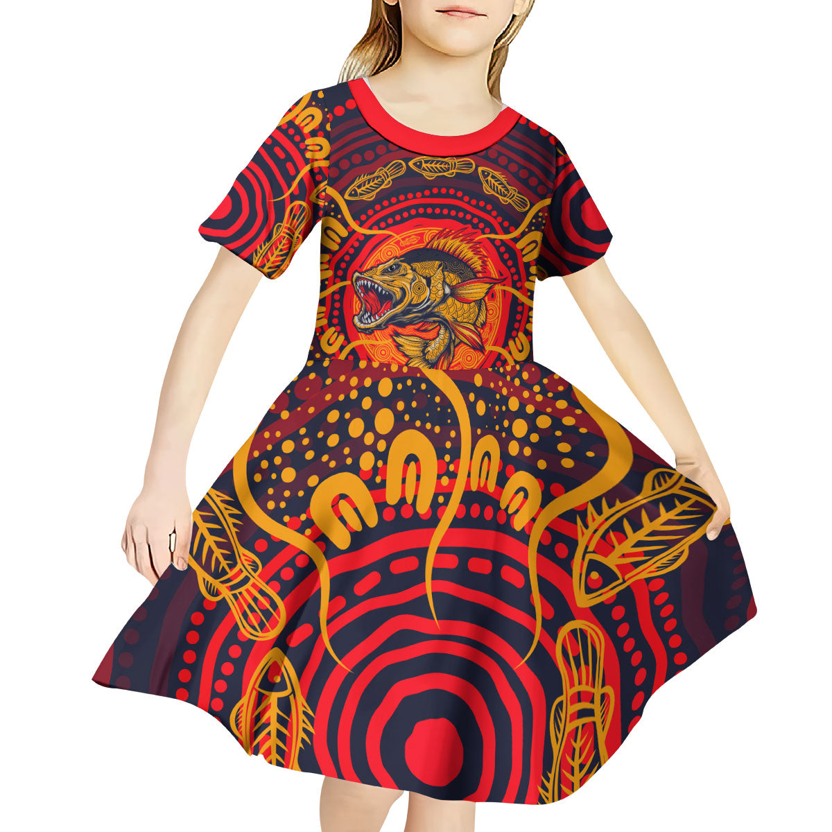 Personalized Barramundi Fish Kid Short Sleeve Dress Australian Tropical Fish Indigenous Aboriginal Dot Art
