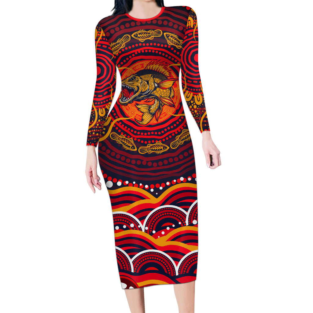 Personalized Barramundi Fish Long Sleeve Bodycon Dress Australian Tropical Fish Indigenous Aboriginal Dot Art