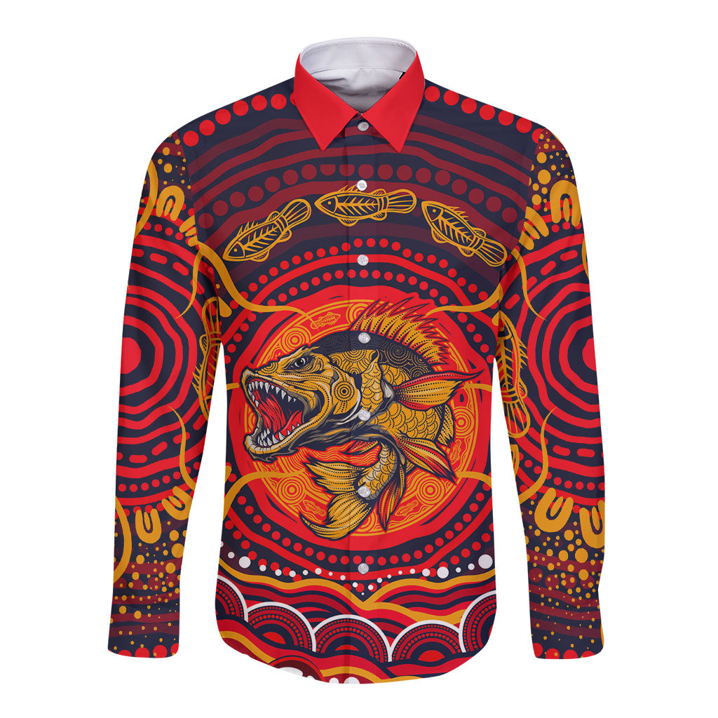 Personalized Barramundi Fish Long Sleeve Button Shirt Australian Tropical Fish Indigenous Aboriginal Dot Art