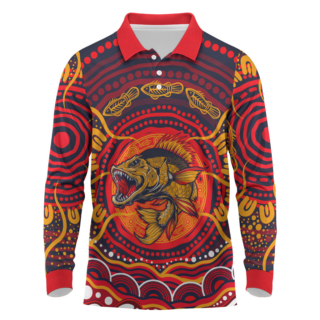 Personalized Barramundi Fish Long Sleeve Polo Shirt Australian Tropical Fish Indigenous Aboriginal Dot Art