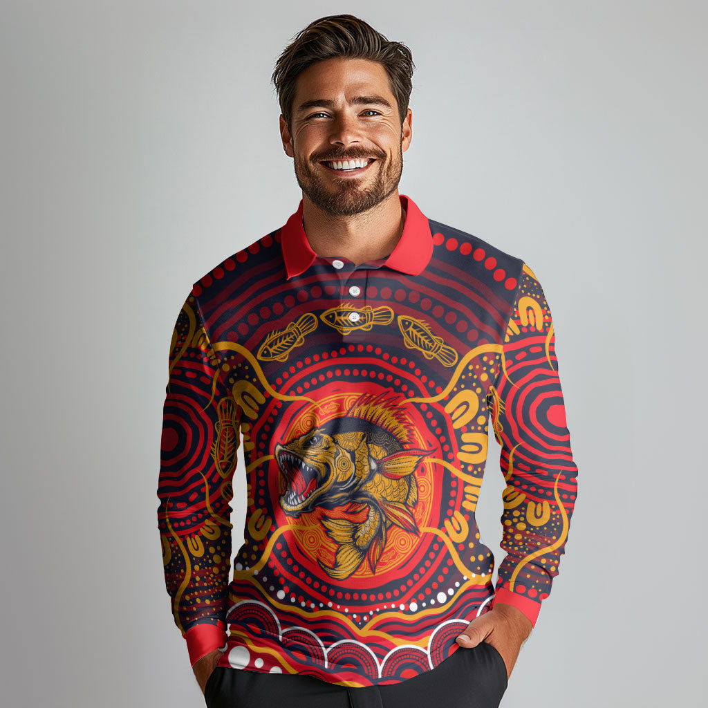 Personalized Barramundi Fish Long Sleeve Polo Shirt Australian Tropical Fish Indigenous Aboriginal Dot Art