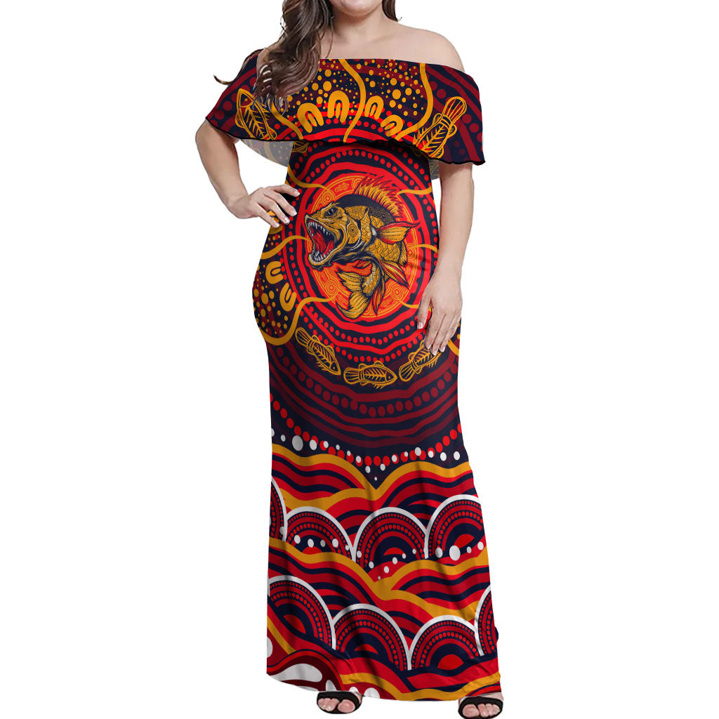 Personalized Barramundi Fish Off Shoulder Maxi Dress Australian Tropical Fish Indigenous Aboriginal Dot Art