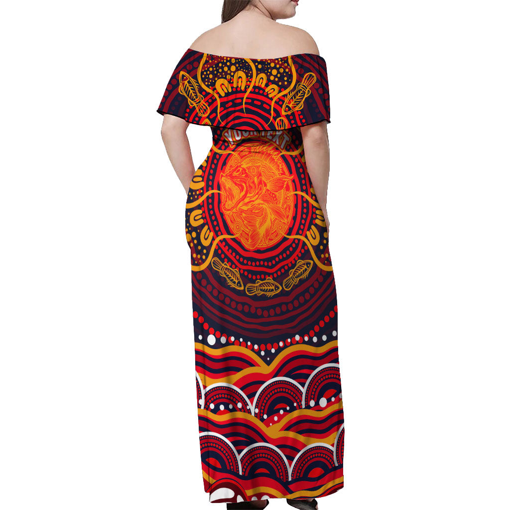 Personalized Barramundi Fish Off Shoulder Maxi Dress Australian Tropical Fish Indigenous Aboriginal Dot Art