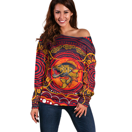 Personalized Barramundi Fish Off Shoulder Sweater Australian Tropical Fish Indigenous Aboriginal Dot Art