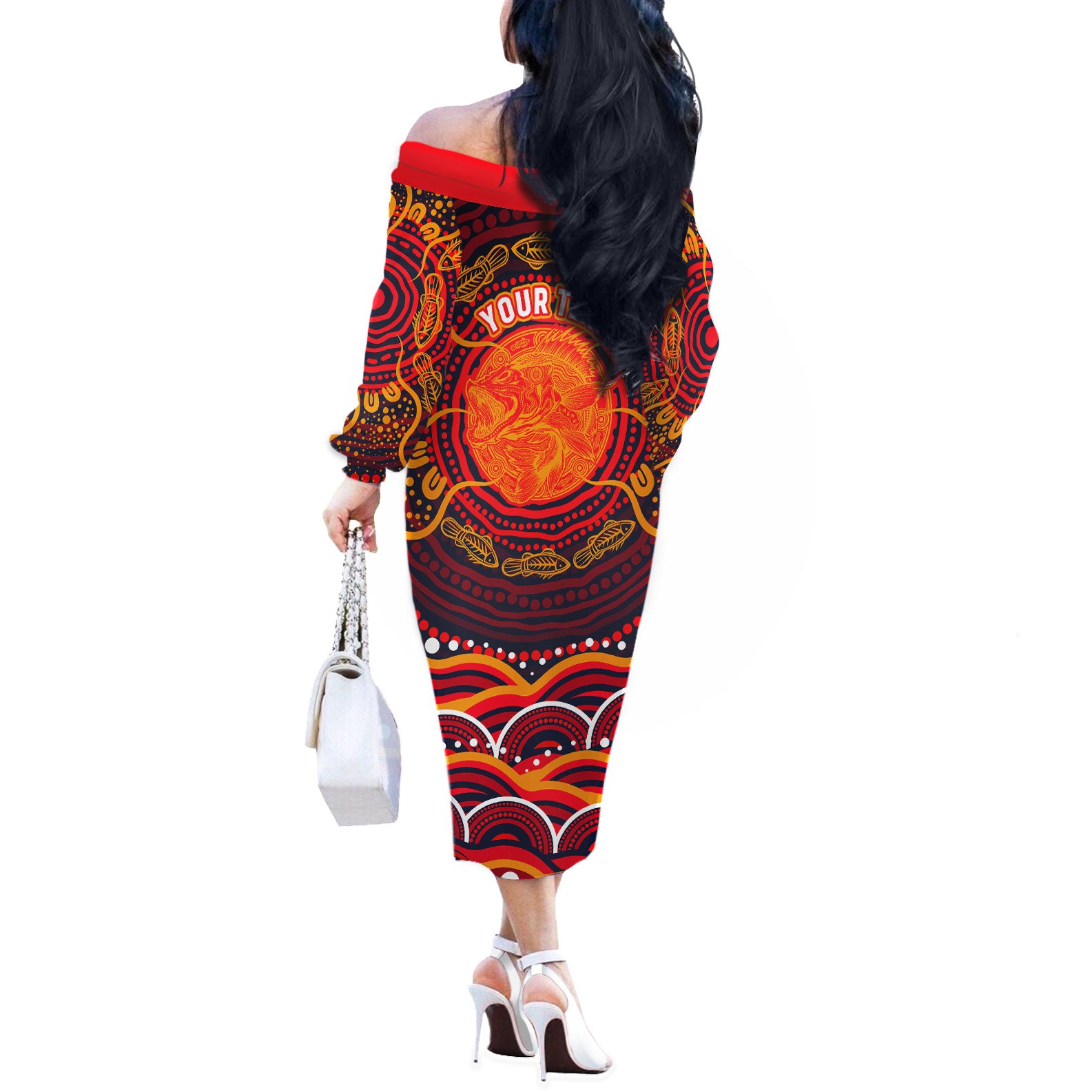 Personalized Barramundi Fish Off The Shoulder Long Sleeve Dress Australian Tropical Fish Indigenous Aboriginal Dot Art