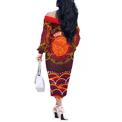 Personalized Barramundi Fish Off The Shoulder Long Sleeve Dress Australian Tropical Fish Indigenous Aboriginal Dot Art