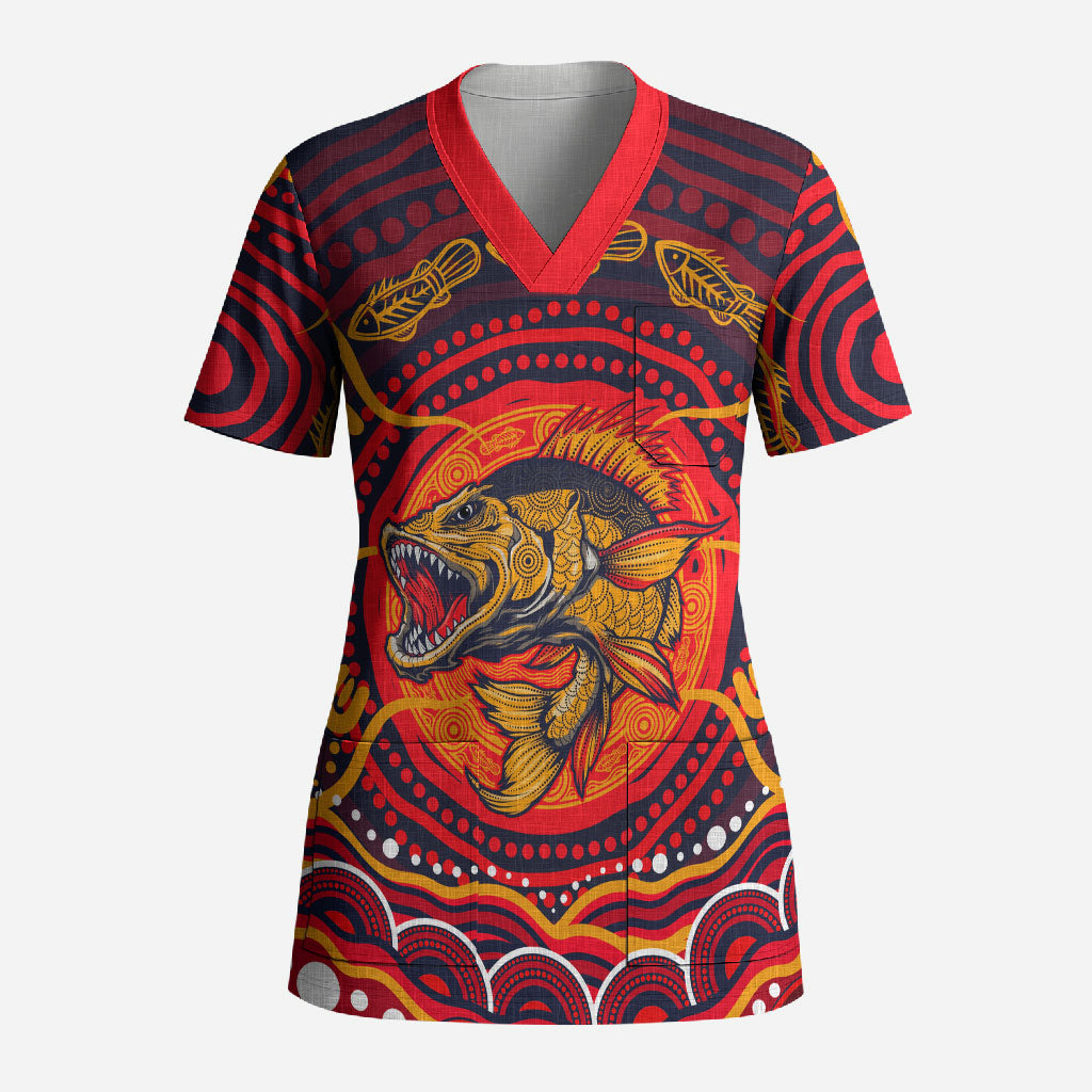 Personalized Barramundi Fish Scrub Top Australian Tropical Fish Indigenous Aboriginal Dot Art